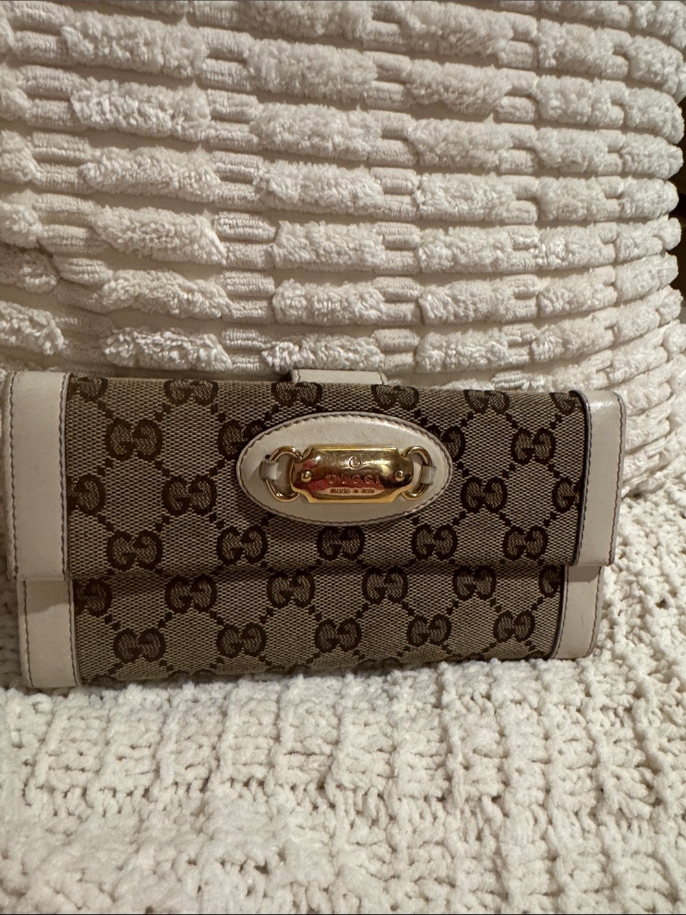 Gucci Brown Monogram Continental Wallet with Cream Trim and Gold Plate